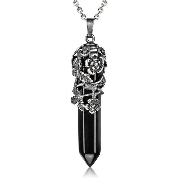 Silver Flower Wrapped In Natural Black Obsidian Pendant Necklace Healing Gift - Picture 1 of 5